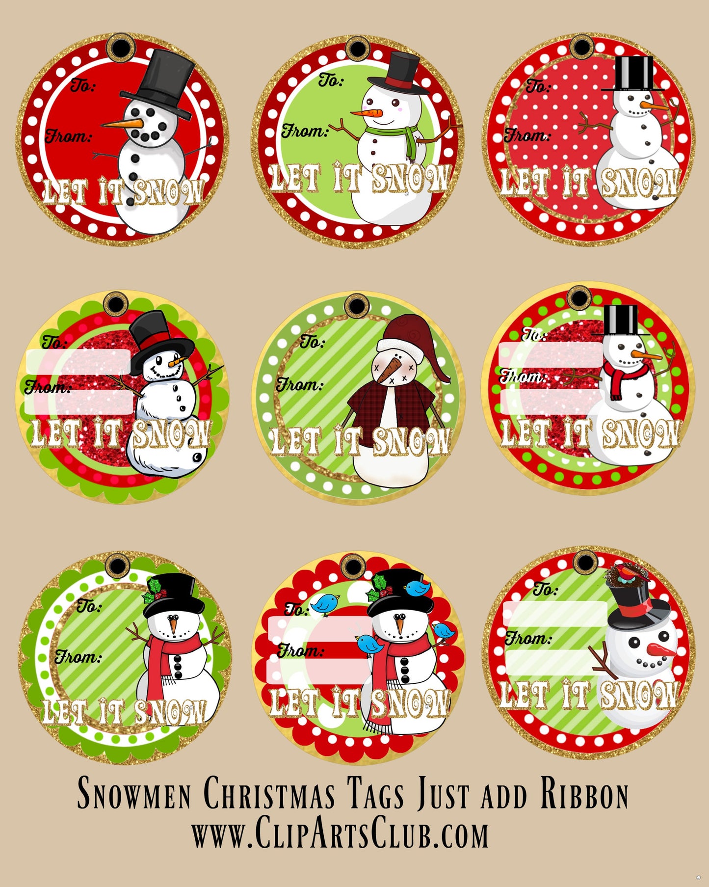 "Let it Snow"  TAGS Adorable Snowmen - 9 different TAGS - Christmas Printable