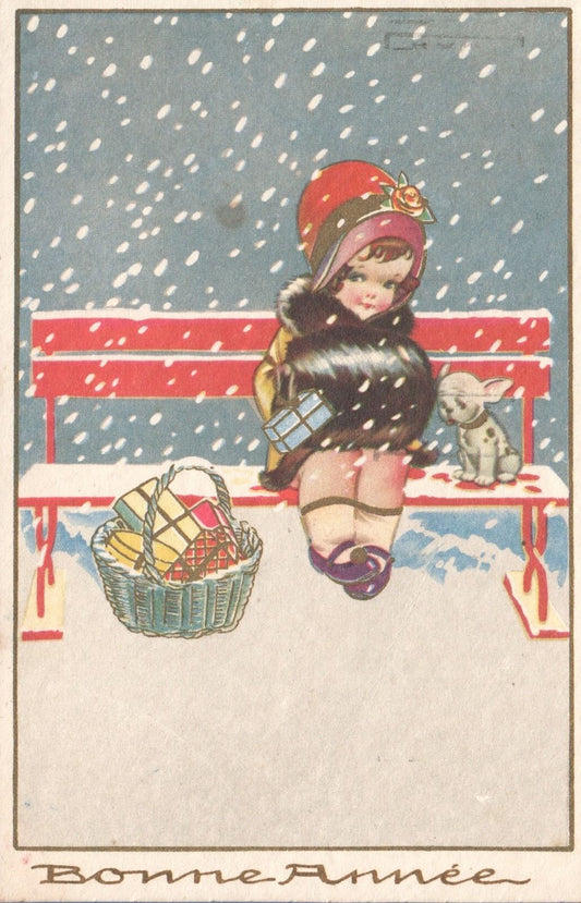 Snowy Day - Winter Vintage Postcard Little girl on a bench with her puppy