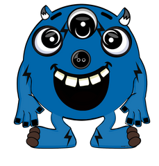 Strike - Cute hairy Monster with three eyes, horns & a big smile - Blue