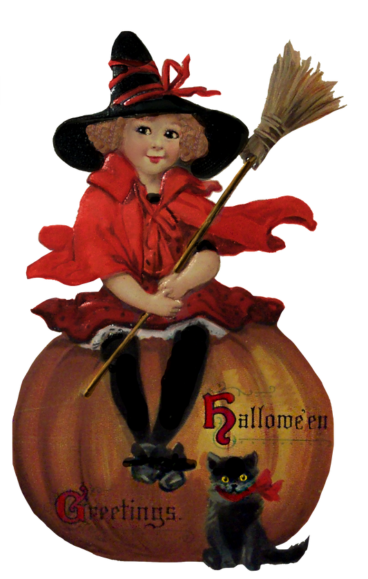 Sweet Little Witch sitting on a Pumpkin with broom and cat