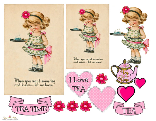 Tea & Kiss - Tea Time Collage Printable Sheet - Craft & Journal Kit Bundle