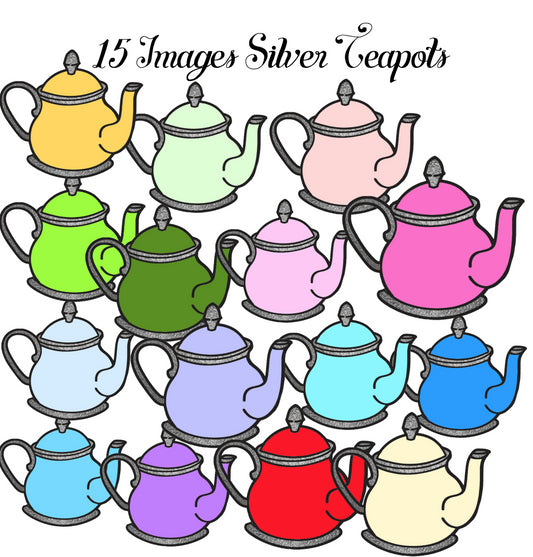 15  Silver Teapot Images in several Colors - 15 Separate Images