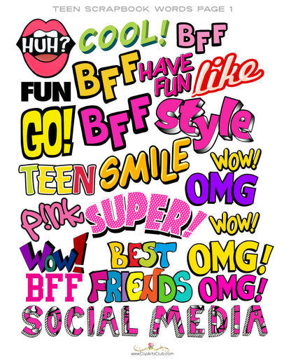 TEEN  GIRLS FUN SCRAPBOOK WORDS OR JOURNAL Cut Out SHEET PRINTABLE PLUS 21 IMAGES SCROLL TO SEE ALL THE WORDS & DOWNLOAD THEM TOO!