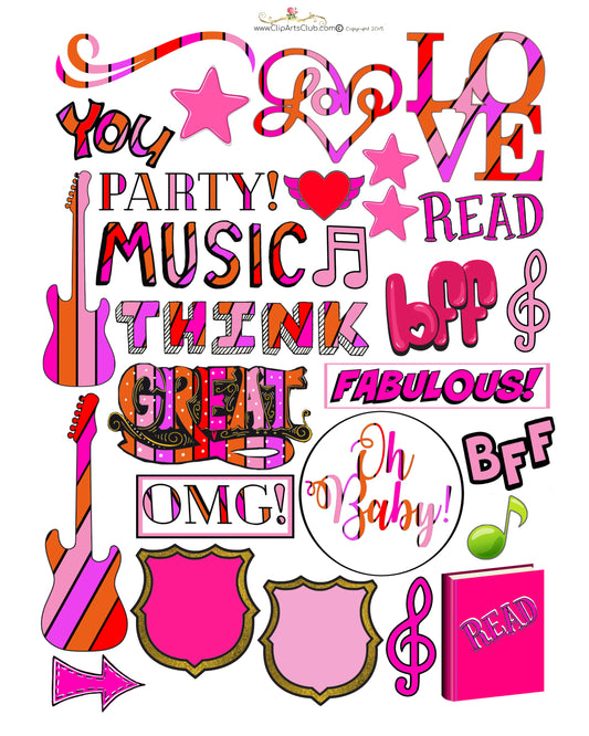TEEN  GIRLS FUN SCRAPBOOK WORDS OR JOURNAL Cut Out SHEET PRINTABLE PLUS 23 IMAGES -  SCROLL TO SEE ALL THE WORDS & DOWNLOAD THEM TOO!