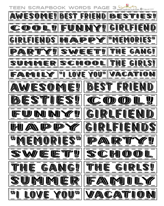 TEEN GIRLS SCRAPBOOK OR JOURNAL WORDS Cut Out SHEET #3 PRINTABLE White PLUS 17 words on the sheet transparent back images for digital scrapbooking