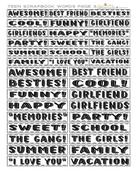TEEN GIRLS SCRAPBOOK OR JOURNAL WORDS Cut Out SHEET #3 PRINTABLE White PLUS 17 words on the sheet transparent back images for digital scrapbooking