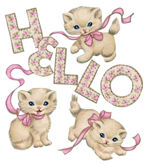 Little White Kittens & Pink Ribbon Bows saying Hello