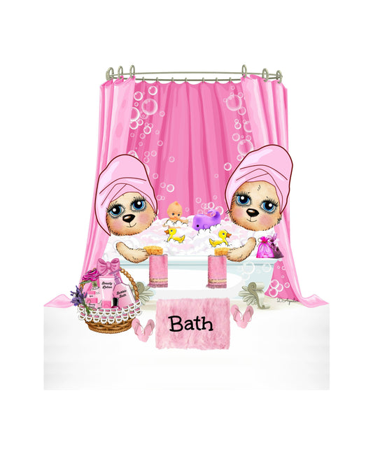 Twin Teddy Bear Girls in a Bubble Bath Print