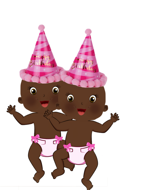 Twin Dark Girls in Pink Happy Birthday Party Hats