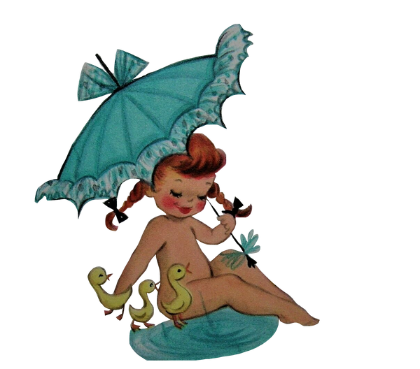 Sun Bathing Vintage naked little red headed girl with braids under umbrella with baby ducks