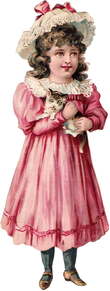 Victorian Brunette Girl wearing a pink dress & hat holding her kitty