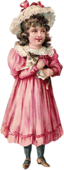 Victorian Brunette Girl wearing a pink dress & hat holding her kitty
