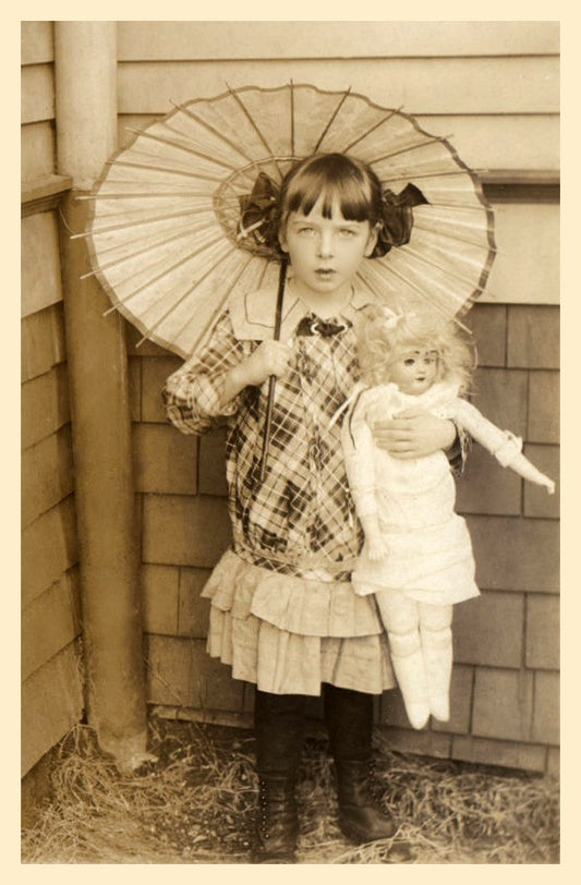 Little Girl Holding a Parasol and Doll  - Vintage Photo