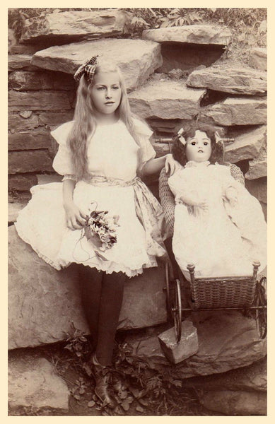 Beautiful Vintage little Blonde Girl & doll in carriage