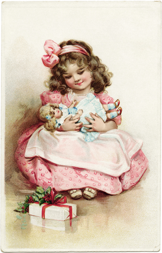 Vintage Postcard Little girl Pretty pink dress lovingly holding her babydoll