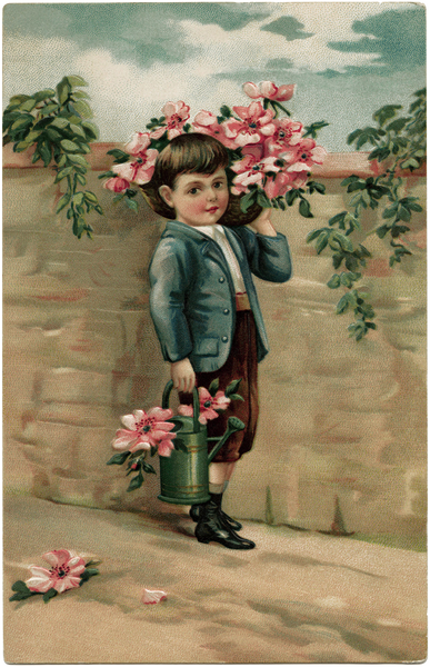 Vintage Postcard Litle boy with flowers and Watering can