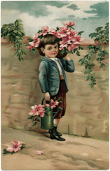 Vintage Postcard Litle boy with flowers and Watering can