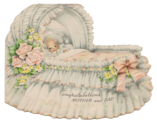 Vintage Baby in cradle bassinet Congratulations Card yellow flowers white lace