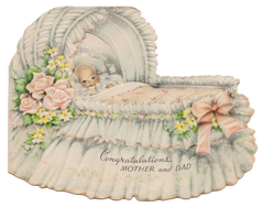 Vintage Baby in cradle bassinet Congratulations Card yellow flowers white lace
