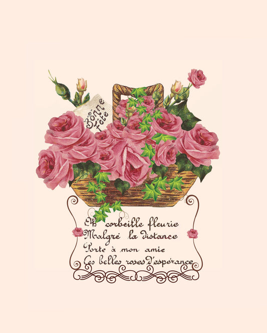 Vintage Rose Basket Bonne Fete Print
