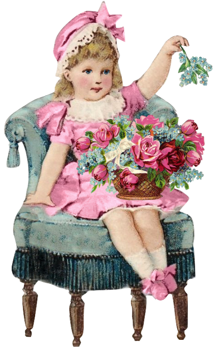 Victorian girl in pink sitting with a basket of roses & forget me nots