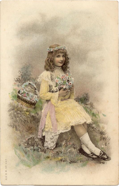 Victorian Flower Girl Vintage Postcard yellow Sunday Dress & Flower Basket