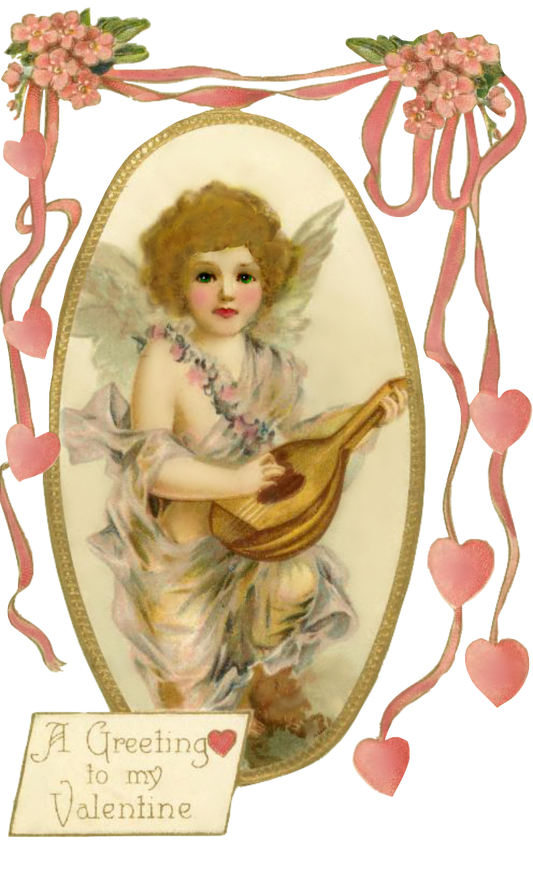 Victorian Greeting Angel Valentine with Hearts & Ribbons