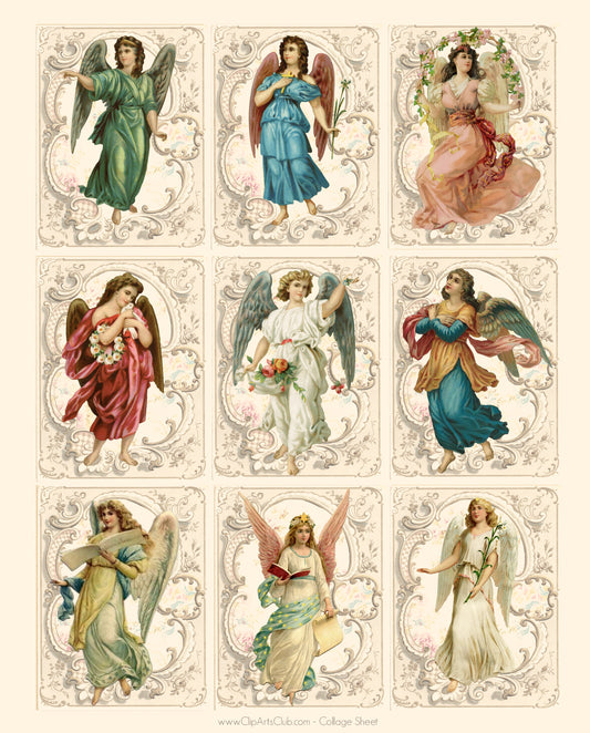 Victorian Angels Collage Sheet - Nine Beautiful Angels - Lighter Background