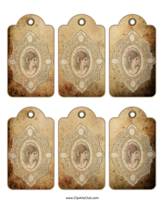 Antique Victorian Woman Tag Collage sheet printable on an antique background with vintage lace