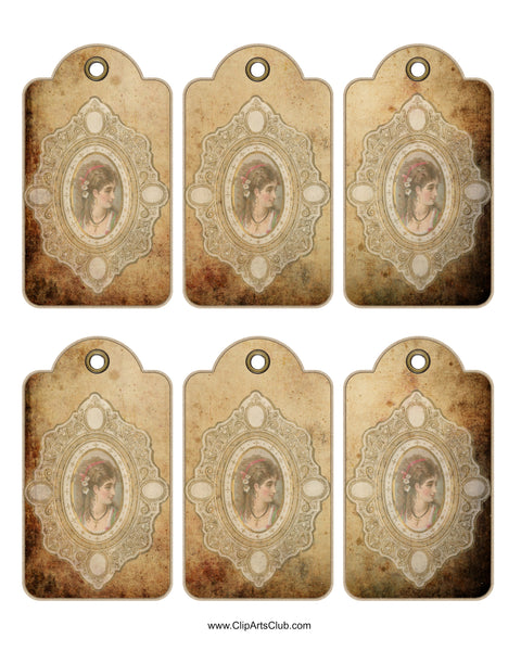 Antique Victorian Woman Tag Collage sheet printable on an antique background with vintage lace