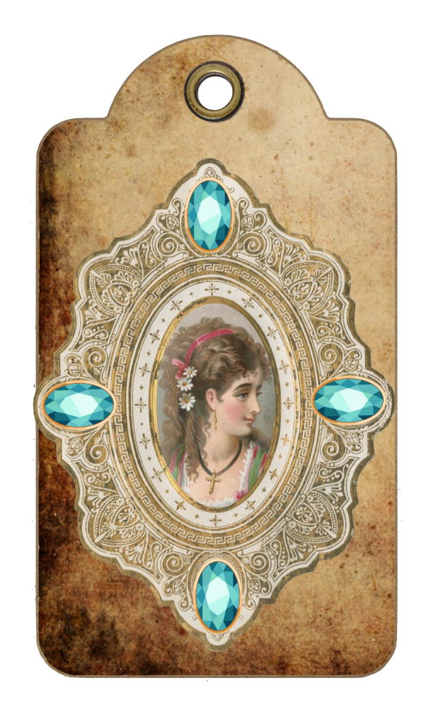 Victoriana Blue Victorian Woman Tag Clip art transparent back PNG image beautiful blue sparkly jewels on an antique background