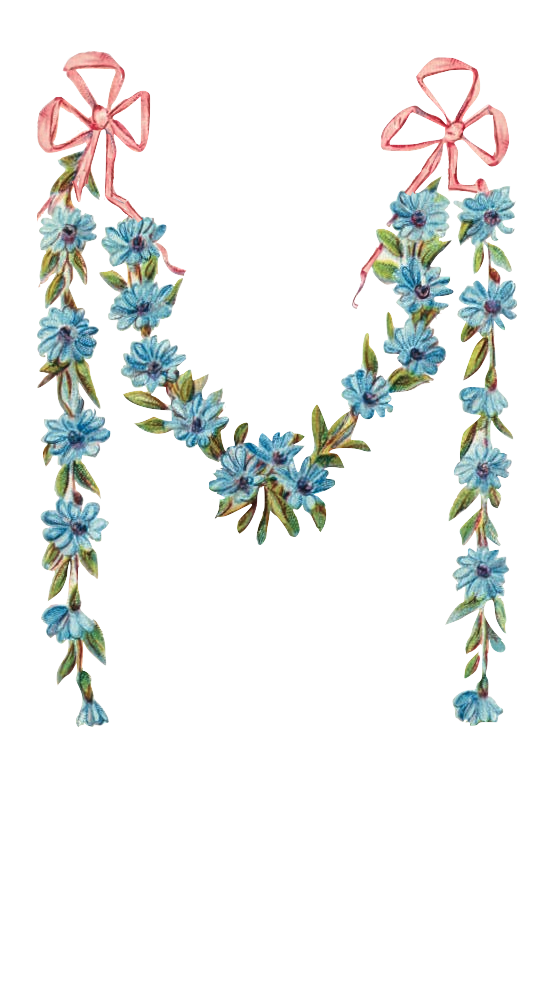 Vintage Victorian Flower Garland Blue Flowers & Pink Ribbon Bow
