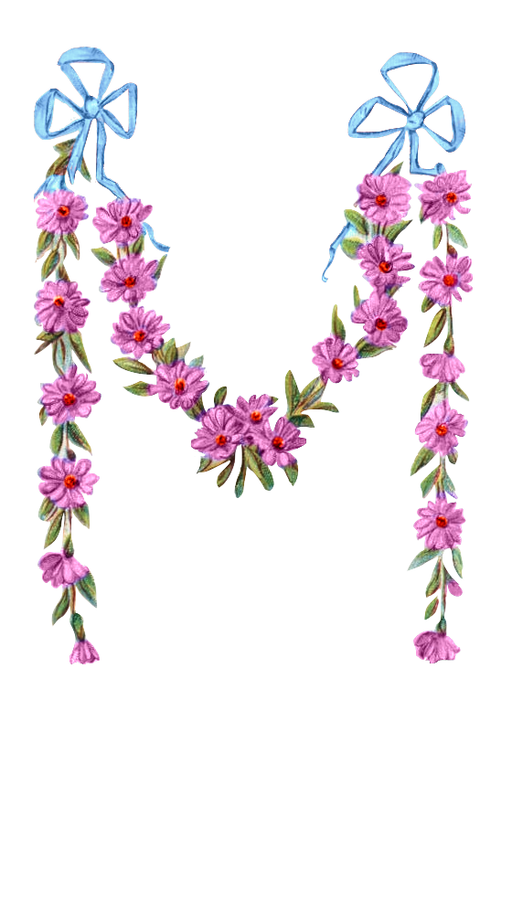 Vintage Victorian Flower Garland Pink Flowers & Blue Ribbon Bow