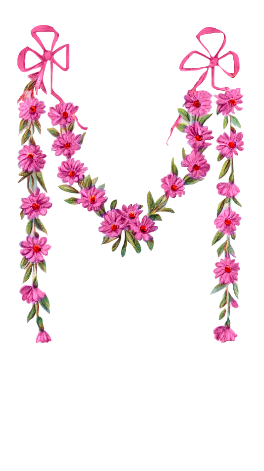 Vintage Victorian Flower Garland Pink Flowers & Pink Ribbon Bow