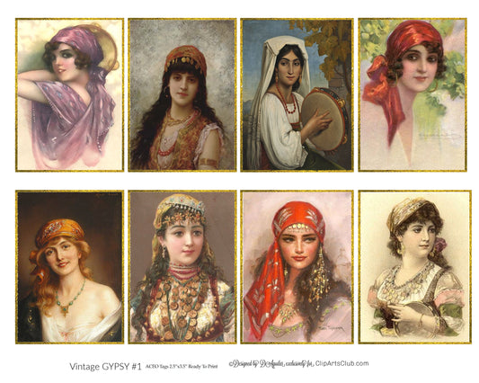 Vintage Gypsy Girls #1 Beautiful Printable ACEO ATC Cards Collage Sheet