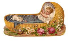 Vintage Baby cradle with baby boy playing with his cat - Victorian era