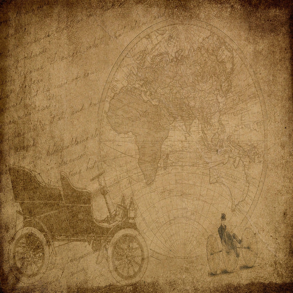 Antique Vintage Travel Background 12x12 Antique car, carriage, map