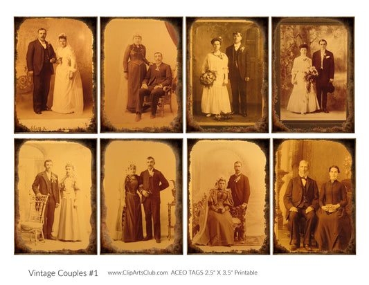 Antique Photos of Couples, Wedding, Bride, Groom, ACEO/ATC Cards Collage Sheet Printable