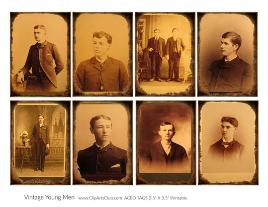 Antique Photos of Handsome Young Men,  ACEO/ATC Cards Collage Sheet Printable