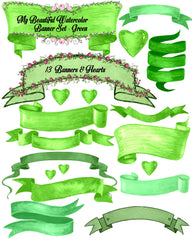 Beautiful Green Watercolor Banners and a sweet little watercolor heart