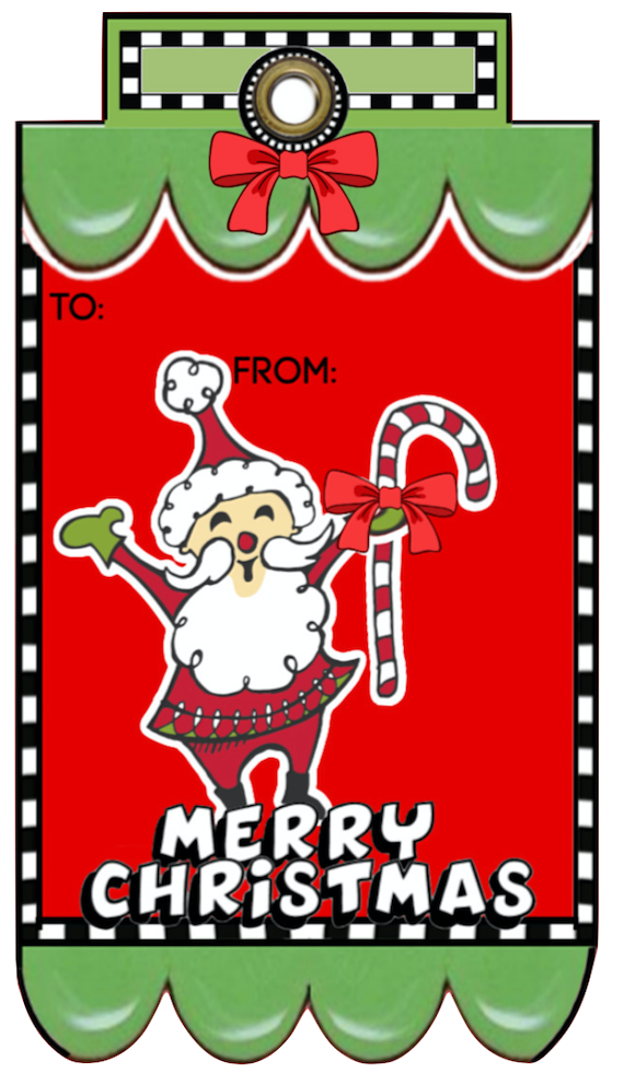Whimsy Cute Santa Claus holding his candy cane Fancy Tag Clip Art Set