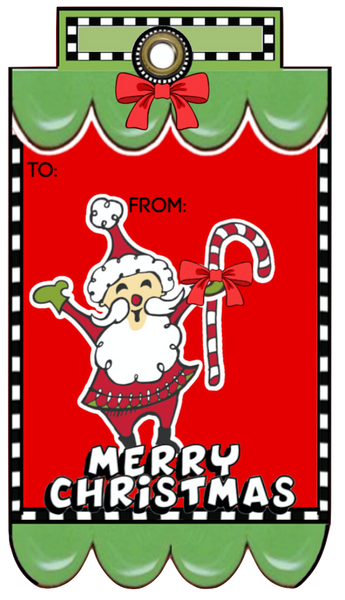 Whimsy Cute Santa Claus holding his candy cane Fancy Tag Clip Art Set