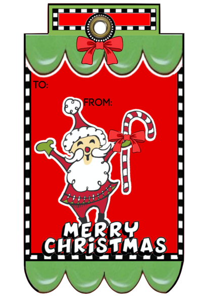 Whimsy Cute Santa Claus holding his candy cane Fancy Tag Clip Art Set