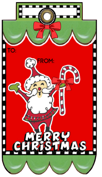 Whimsy Cute Santa Claus holding his candy cane Fancy Tag Clip Art Set