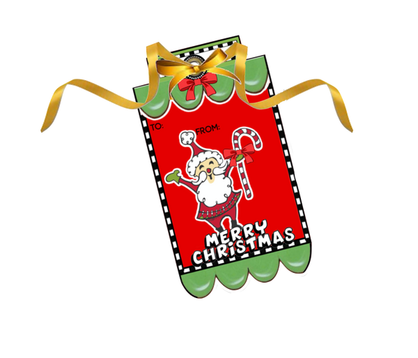 Whimsy Cute Santa Claus holding his candy cane Fancy Tag Clip Art Set