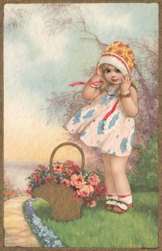 Beautiful Vintage Postcard - "Windy Day" Little Girl - Precious!