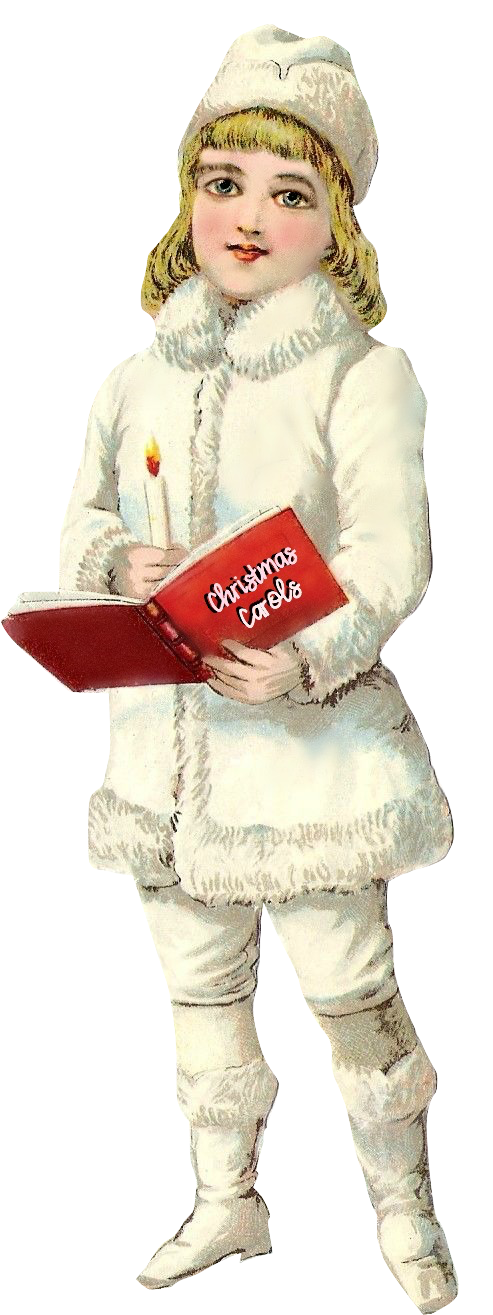 Christmas Carols Victorian Winter girl in white coat with candle and book