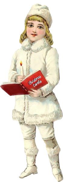 Christmas Carols Victorian Winter girl in white coat with candle and book