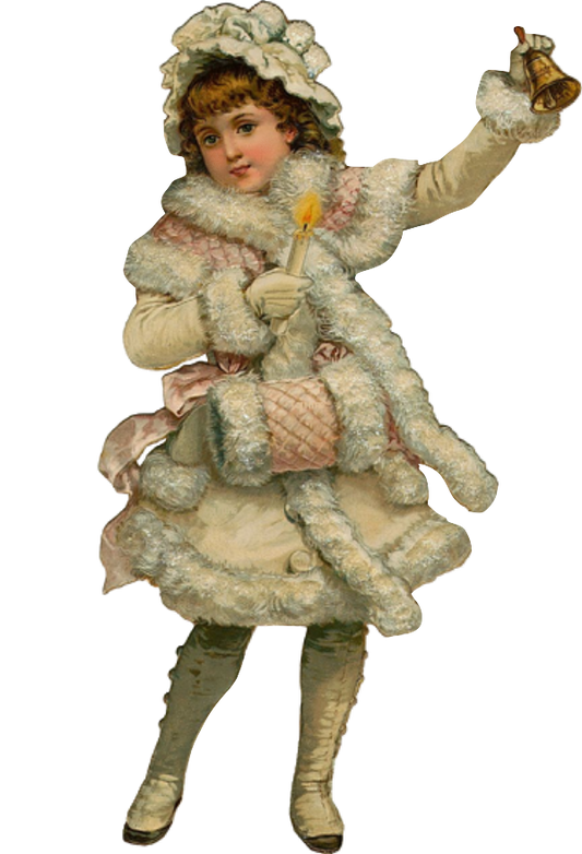 Victorian Winter girl with white coat and boots ringing bell