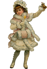 Victorian Winter girl with white coat and boots ringing bell